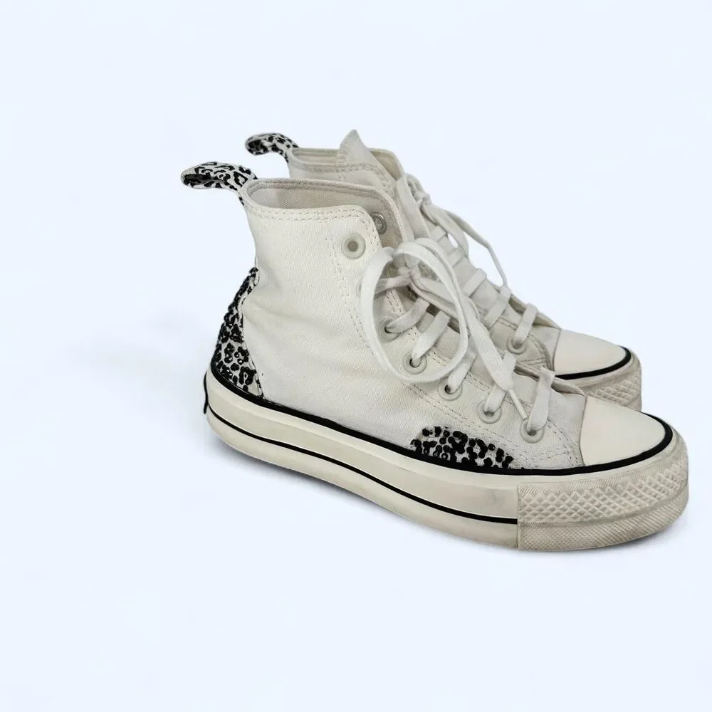 Embellished White Platform High Top Canvas Sneakers Cheetah Print Rhinestone Gem